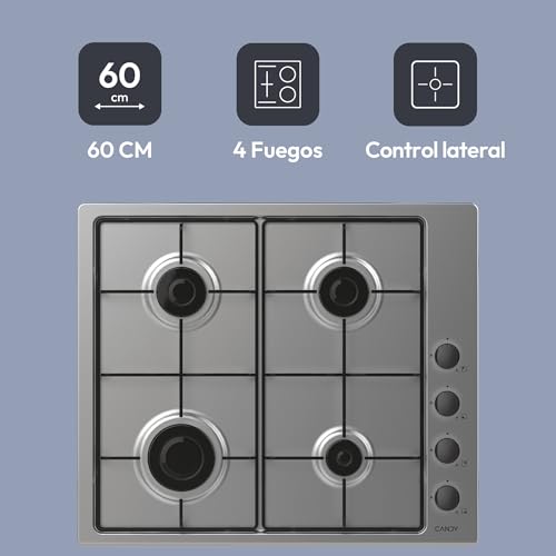 Miniatura 2 de Candy Idea Chw6lbx 4u2, Placa De Gas, 4 Fuegos, 60cm, Gas Natural Adaptable A Gas Butano, 7,2kw De Potencia, Mandos Independientes Laterales, 2 Rejillas, Sistema De Seguridad En Llama, Inox
