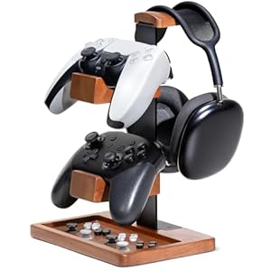 Solid Wood Controller Holder and Headphone Stand, Gaming Controller Stand for Desk, Dual Controller Organizer Rack, Fits Xbox, PS4, PS5, Gamepad, Headset Holder for Son, Husband, Boyfriend