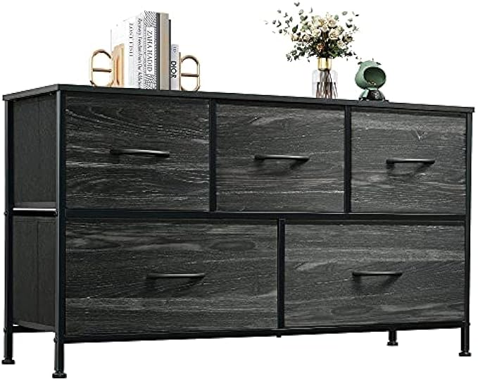 WLIVE Dresser for Bedroom with 5 Drawers, Wide Chest of Drawers, Fabric Dresser, Storage Organizer Unit with Fabric Bins for Closet, Living Room, Hallway, Charcoal Black Wood Grain Print