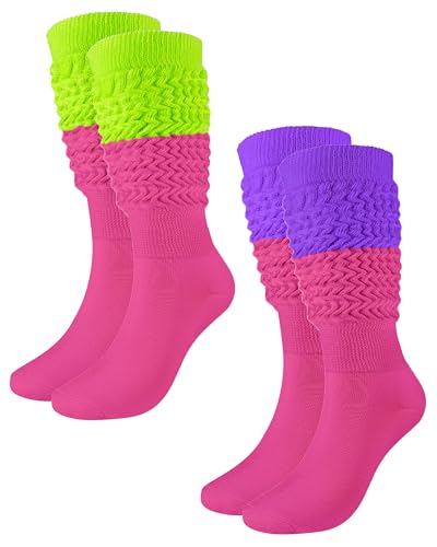 Slouch Socks Girls Cushioned Chunky Stacked Boot Socks Soft Knit Warm Long Athletic Knee High Sock Scrunch 5-7 Years Kids 2 Pairs(Hot Pink-Mixed Set, S)