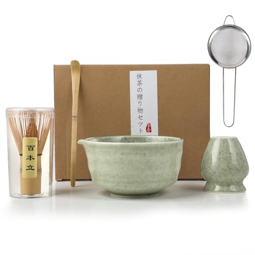 Matcha Set 6-teilig, Japanisches Matcha Tee Set mit Keramikschale mit Ausgießer, Bambusbesen, Besenhalter, Edelstahl-Sieb, Bambuslöffel, Traditionelles Matcha Starter Set für Teezeremonien