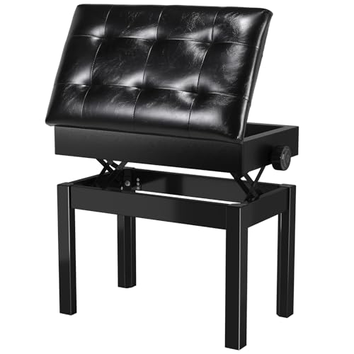 Tabouret Piano Réglable en Hauteur 58x35x48-58 CM, Siege Piano avec Espace de Rangement, Banc Piano avec Coussin en Cuir PU, 4 PCS Pied de Tabouret en Bois Massif, Tabouret de Piano Max 150KG, Noir