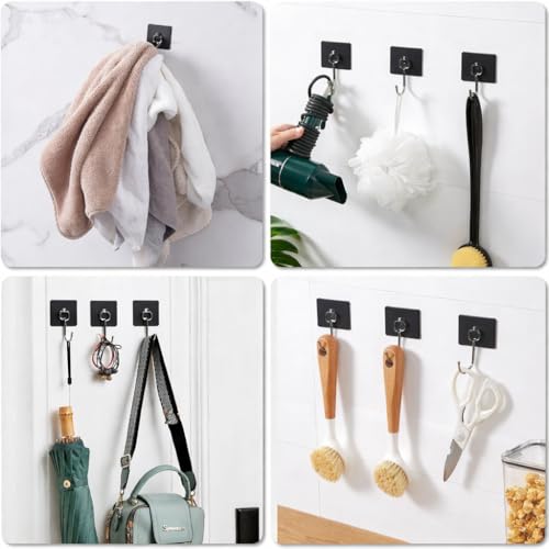 Image of 6 PCS Black Self Adhesive Wall Hooks Heavy Duty Sticky Wall Hanger Hooks Nail Free Waterproof Hooks for Bathroom Kitchen Home Office Towels Utensils Hanging Without Drilling Strong Hold