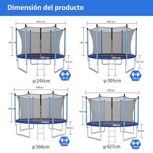 Miniatura 3 de Costway Cama Elástica De Exterior 244 305 366 427 Cm, Trampolín Con Red De Seguridad, Tubos Galvanizados Antióxido, Escalera, Resistente A La Intemperie, Para Niños Y Adultos 244 Cm