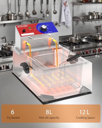 Commercial Deep Fryer - 12 L Electric Deep Fryer with 6 L Basket, Commercial Deep Fryer with Basket, Stainless Steel Countertop Deep Fryer w/Adjustable Temperature and Restaurant Use