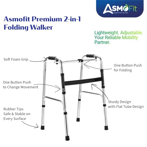 Image of Asmofit Premium Lightweight Aluminum Height Adjustable Folding Walker (Silver) | Portable Mobility Aid for Seniors, Elderly & Patients | Durable & Easy to Use Walking Support