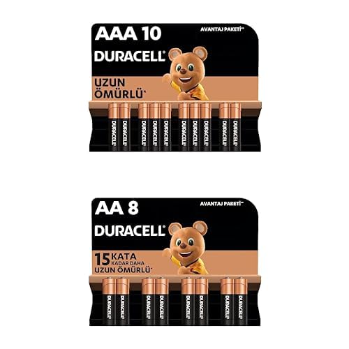 Duracell Alkalin AAA İnce Kalem Piller, 1,5 V LR03/MN2400, 10’lu Paket + Duracell Alkalin AA Kalem Piller, 1,5 V LR6/MN1500, 8'li Paket