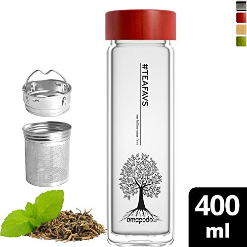 Amapodo Bouteille à thé isotherme en verre avec passoire à go avec couvercle en bambou Rouge 400 ml