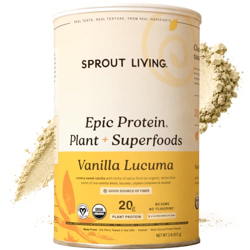 Image of Sprout Living Epic Protein, Plant Based Protein & Superfoods Powder, Vanilla Lucuma Powder | 20 Grams Organic Protein Powder, Vegan, Non Dairy, Non-GMO, Gluten Free, Low Sugar (2 Pound, 24 Servings)
