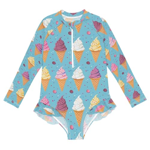 Ice Cream Cookies Girls Long Sleeve Swimsuits One Piece Zipper Bathing Suit UPF 50+ Rashguard Swimwear