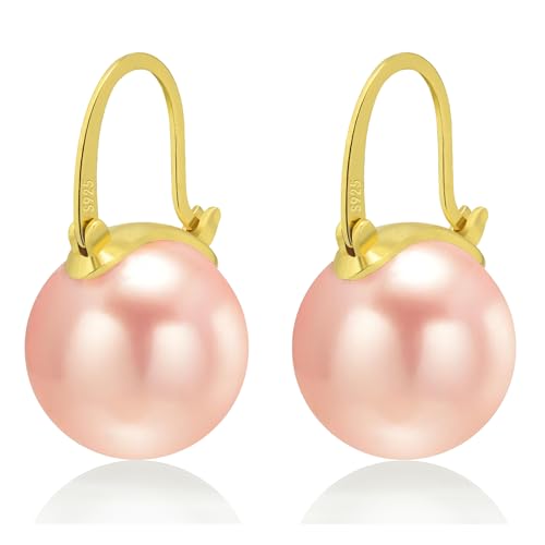 HUGE TOMATO Boucles d'oreilles pendantes avec perles de champagne rose, 14 mm Boucles d'oreilles élégantes en argent sterling 925 avec fermoir plaqué or 14...
