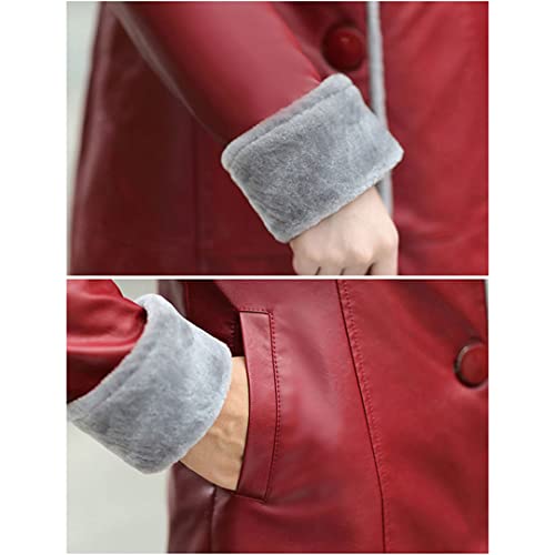 Women Oversized Leather Jacket Winter Warm Thick Long Sleeve Fleece Coats Hooded Trench Jackets Red #TOP5