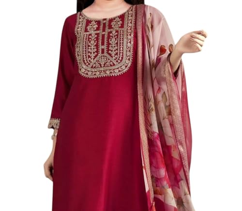 Image of Girls Ethnic Outfit | Embroidered Silk Girls Salwar Suit | Kurta Pant and Jacquard Dupatta Set