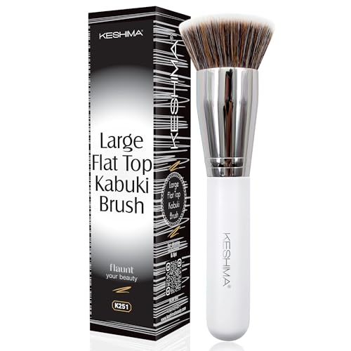 Image of Large Flat Top Kabuki Foundation Brush by Keshima - Liquid, Cream & Powder | Large White, 1.6-inch top diameter kabuki brush buffs and blends liquid, cream or powder foundation for full coverage