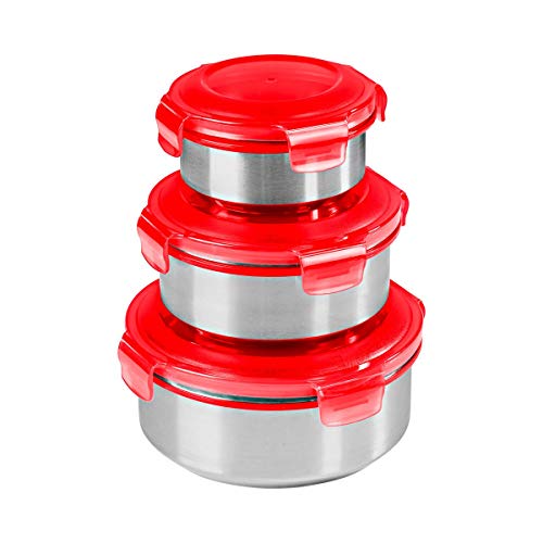 King Set 3/6 TLG. Klickbox, Kunststoff, Edelstahl mit rotem Klickdeckel, 1200 ml, 650 ml, 350 ml