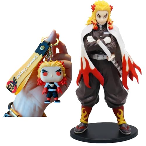 Image of Rengoku Action Figure with Keychain Demon Slayer Anime Collectible PVC Model | Action Figure Collectibles for Home Decor, Office Desk & Gifting (Rengoku + Keychain)