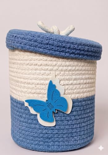 Image of Jute Basket For Storage Cotton Rope Toys Basket With Lid Handwoven Natural Foldable Laundry Hamper for Home, Office, Living Room Size 10x10 inch (unique blue butterfly)