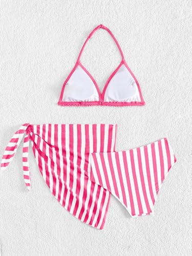 Girl's 3 Piece Striped Print Halter Bikini Set High Cut Triangle with Beach Cover Up Skirt Swimsuit Bathing Suit2