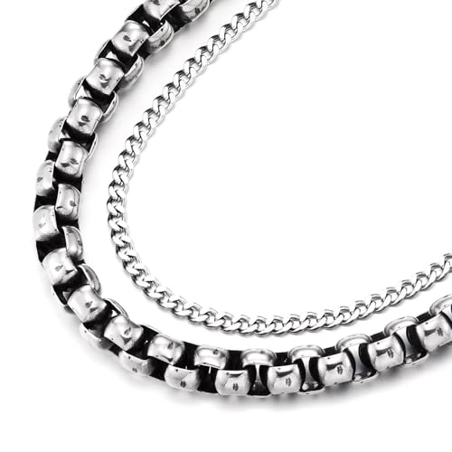 COOLSTEELANDBEYOND Chunky Box and Curb Chain Necklace for Men, Two-Layer Steel Design, Punk Rock Biker Jewelry3