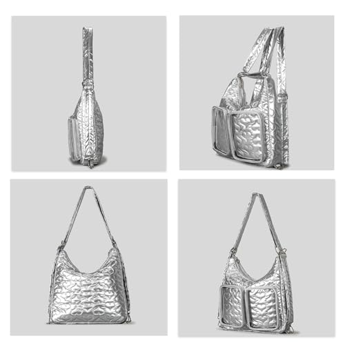 Quilted Puffer Tote Bag Heart Quilted Ita Bag Backpack Bubble Ita Bags Big with Convertible Strap Large Lightweight Cute Puffy Purse 2025 Everyday Work Party (Silver)4