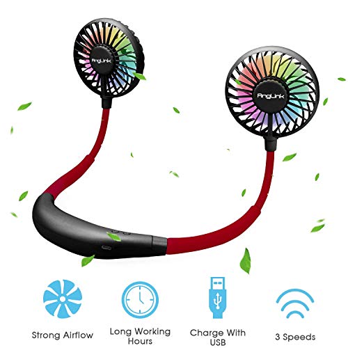 AngLink Hängender Hals Ventilator, Mini USB Tragbarer Ventilator, Hängender Hals Fächer Handfrei Ventilator, 3 Geschwindigkeiten und 360-Grad-Drehung mit LED Für Indoor Outdoor Und Reise
