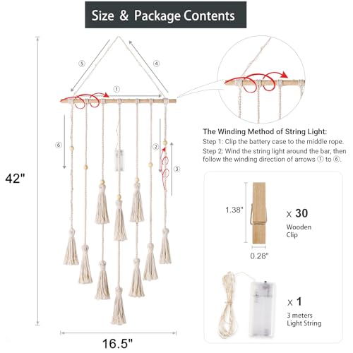 Mkono AS-012 Hanging Photo Display Boho Macrame Wall Decor With Light, Teen Girl Teenage Gifts, Pictures Cards Frame Holder Art Hanger thumb #5