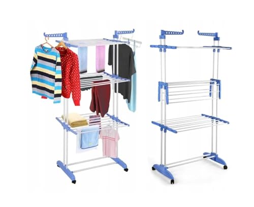 Image of 3-Tier Metal Clothes Drying Stand with 360 Rotating Wheels, Foldable Hanger Stand for Indoor and Outdoor Use, Blue
