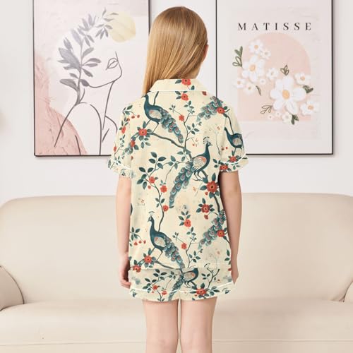 ALAZA Chinese Peacock Bird Pajamas Satin Pajama Set Short Sleeve Button Down Sleepwear4