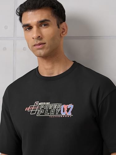 Image of TECHNOSPORT Men's Typography Printed T-Shirt ELASTOPLUS Quick Dry Slim Fit Round Neck Sports Tee for Gym Running Casual Wear UPF50+ Anti Odour