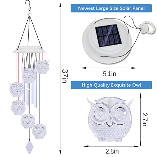 Solar Wind Chimes For Outside - 37" Wanqdg 6 Led Owl Color Changing Wind Chime With 4 White Metal Tube, Music Wind Chimes Great As A Gift For Women Mom Grandma Best Friends' Birthday Gift #TOP3