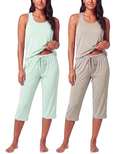 Image of 2 Pack Women's Pajama Sets 2 Piece Tank Top Capri Pants PJs Sleepwear Cute