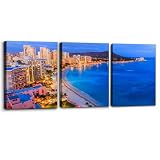Pacimo Framed Wall Art Decorations Hawaii Cityscape Painting Print on Canvas Honolulu Diamond Head Mountain Skyline Modern Artwork for Home Office Gallery Wrapped Ready to Hang - 12'x16'x3 Panels