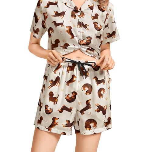 Image of Funny Pajamas for Women Set Print Satin Loungewear Pjs Short Sleeve Button Down Top and Shorts Sets Sleepwear XS-3XL