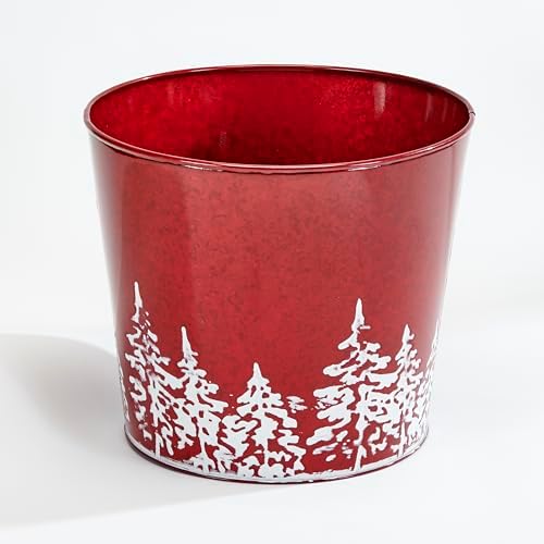 Red Galvanized Metal Christmas Planter Bucket with Tree Design, 1...