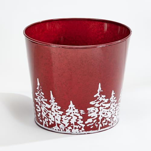 Worth Imports Red Galvanized Metal Christmas Planter Bucket with Tree