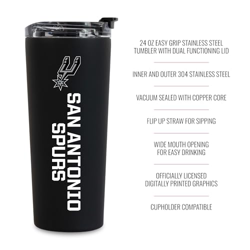 Image of Rico Industries NBA Basketball San Antonio Spurs Black 24oz Stainless Steel Tumbler with Lid and Dual Functioning Lid
