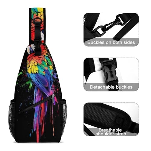 Portable Sling Bag for Travel, Women Men Funny Beautiful Parrot Splash Ink Art Large Capacity Breathable Crossbody Bags, Casual Sports Chest Bag3