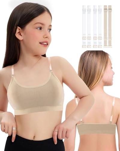 iMucci Girl Dance Bra Seamless Girls Nude Bra with 2 Pair Adjustable Replace Clear Straps Silicone Pads