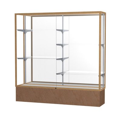 Waddell Monarch Series Lighted Floor Display Case Frame Color: Satin, Base Color: Beige Stone, Case Backing: White Laminate