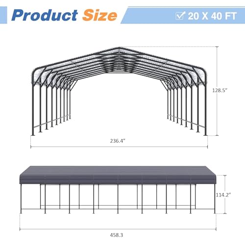Image of AirWire 20x40 FT Metal Carport, Heavy Duty Car Port Canopy with Reinforced Base and Galvanized Steel Roof & Frame, 2 Car Garage Shelter for Car, Boats and Trucks