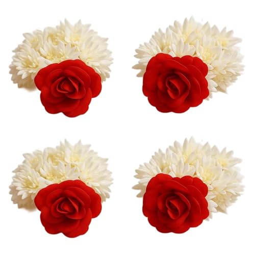 Image of Alvero Handcrafted Artificial Flower Gajra for Women & Girls, Festive Wedding Red Rose & White Jasmine Hair Gajra for Bun, Handmade Scented Floral Juda - 8 x 8 x 3.5cm (Pack of 4 Piece)