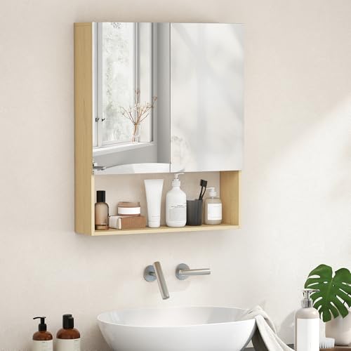 HOMCOM Spiegelschrank Bad, Badezimmerschrank mit Spiegel Soft-Close, Badschrank mit 2 Türen, Verstellbarem Regal, Hängeschrank Wandschrank, 60 x 16,6 x 75cm Eiche