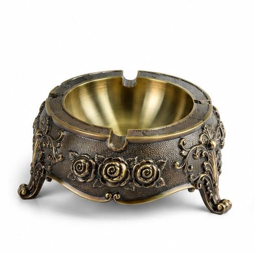 Vintage Rose Embossed Ashtray, Antique Bronze Finish, Alloy Metal | Floral Rose Design, Footed Base, Indoor Table Decor, Ornate Detailing, Gold-Tone Interior-image-13