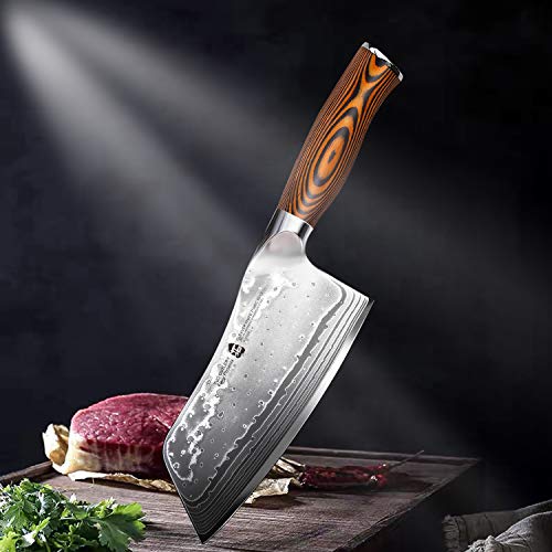 Image of TUO Cutlery Cleaver Knife - Japanese AUS-10 45-Layers Steel - Chinese Chef's Knife Featured Damascus Rose Pattern - Meat and Vegetable Cleaver with Ergonomic Pakkawood Handle-7 inch-Fiery Phoenix | Chinese Chef's Knife Featured Damascus Rose Pattern - Meat & Vegetable Cleaver, Ergonomic Pakkawood Handle - Fiery Phoenix