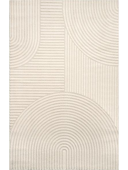 Tapis Moderne à Relief Graphique avec Texture sculptée et Lignes arrondies - Dimension 120x170 cm, Couleur Beige