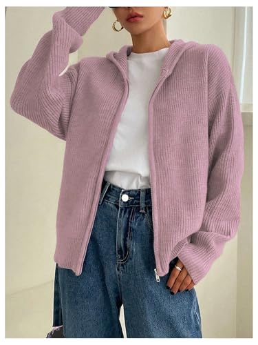 Image of SOLY HUX Zip Up Cardigan for Women Hooded Cardigan Sweater Knitted Drop Shoulder Fall Clothes Winter Hoodies Outerwear