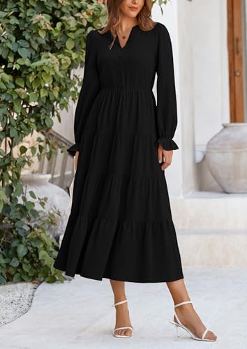 PRETTYGARDEN Long Sleeve Dress for Women 2025 Fall V Neck Tiered Aline Spring Elegant Modest Flowy Wedding Guest Maxi Dresses