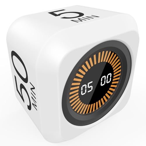 Image of Rotating Cube Visual Pomodoro Timer 5, 25, 10 50 Minutes Preset + Custom Countdown, Rechargeable Desk Productivity Flip Timer with Detachable Silicone Cover for ADHD Study Work Kitchen School (White)