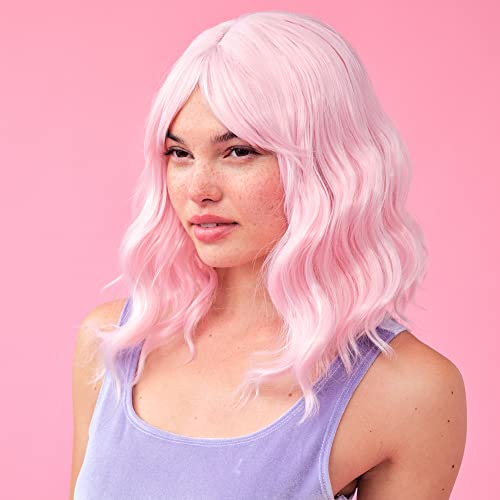 xo, Fetti Pastel Pink Wig - Women's Wavy Wig, Short Soft Curls, Bangs Hair Extension, Synthetic, Cosplay, Halloween | Bachelorette Party Wig, Birthday