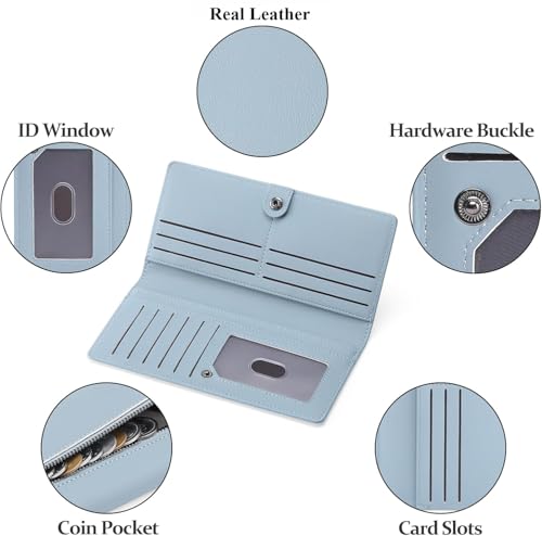 Ultra Slim Genuine Leather Wallet for Women RFID Blocking Bifold Credit Card Holder Long Clutch (Blue)3